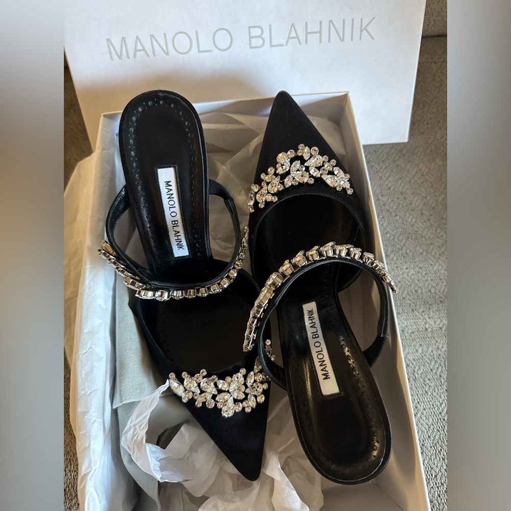 Manolo Blahnik Black Mules with Sparkling Rhinestones